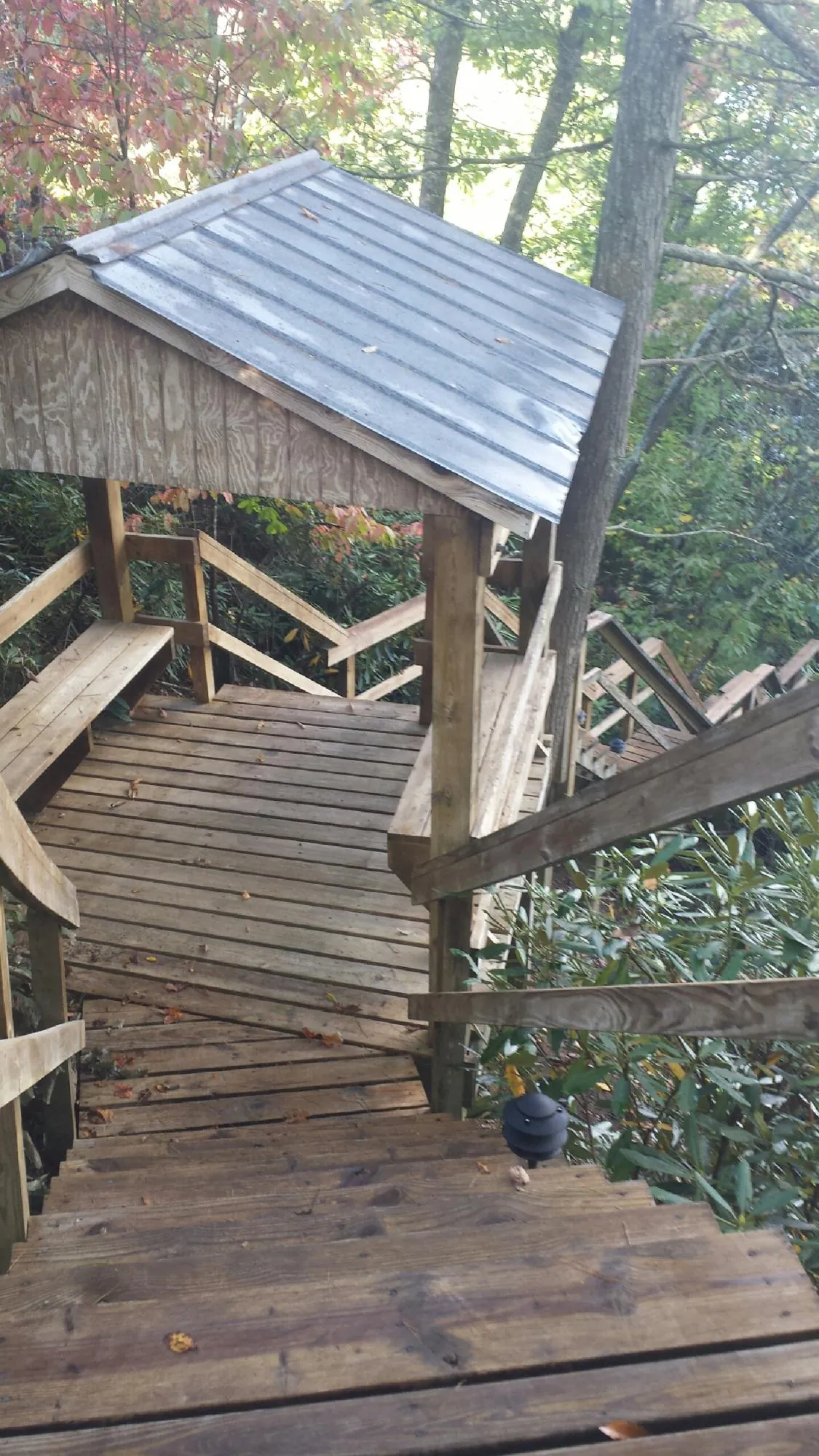 Metal roofed shelter over wooden steps on a wooded walkway — Skylight Repair & Installation work by our crew in Litchville